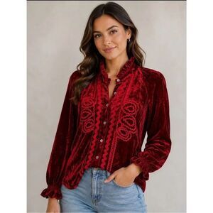 Sister Mary For Ivy Jane Red Velvet Long Sleeve Button-Up Women’s Blouse Sz S
